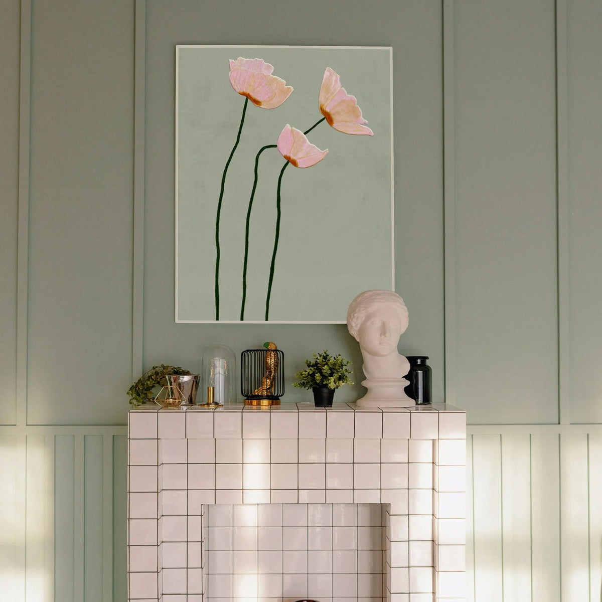 Impression sur toile fleurs coquelicot rose et vert sauge