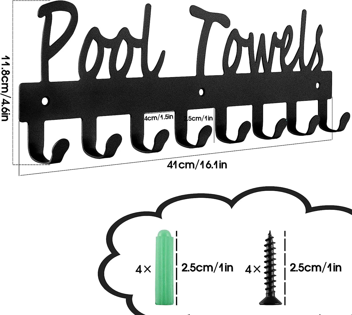 porte serviettes mural moderne acier noir crochets vis fixations serviettes piscine intérieurextérieur