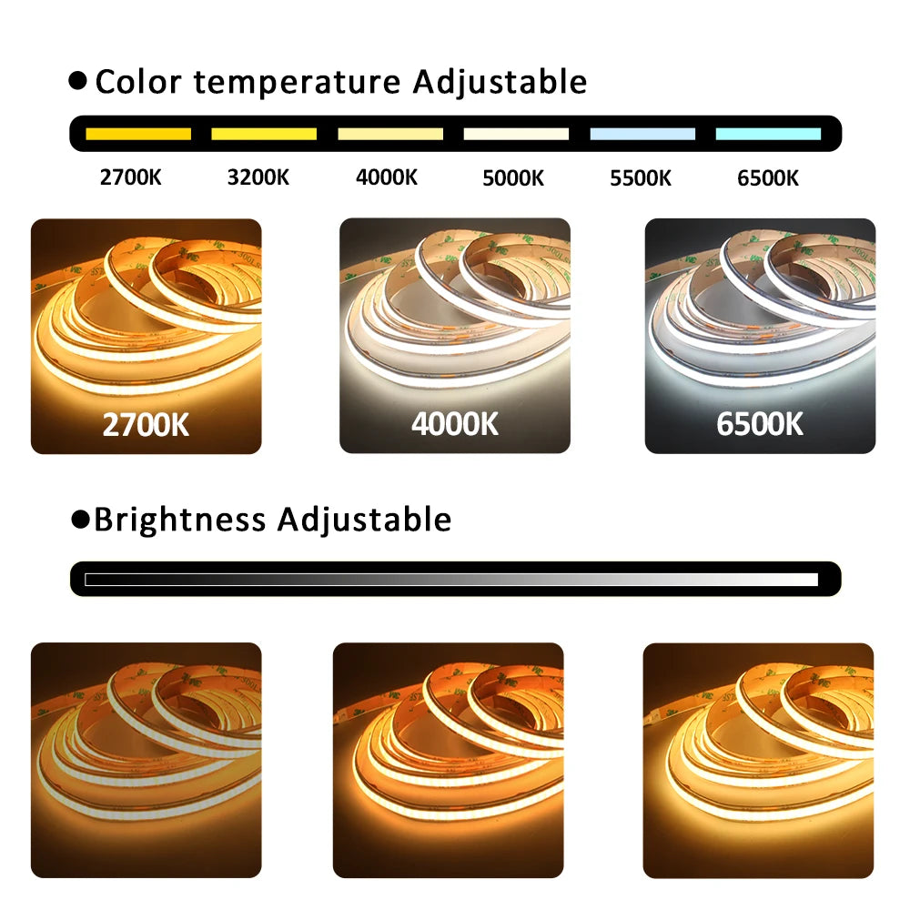 ruban led cob cct ajustable télécommande rf moderne adhésif blanc chaud froid 2700k 6500k