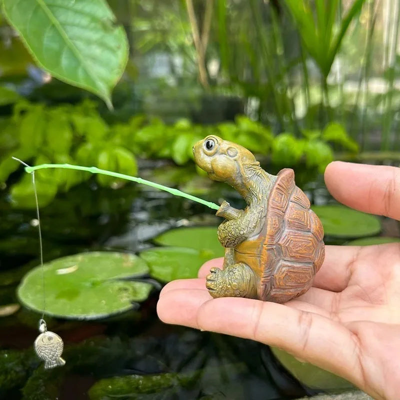 statue tortue pêche résine détaillée marron vert jaune décorative extérieure intérieure ornement jardin maison