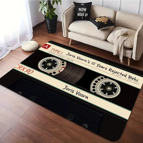 tapis sol rectangulaire motif cassette audio rétro vintage noir jaune vert blanc salon