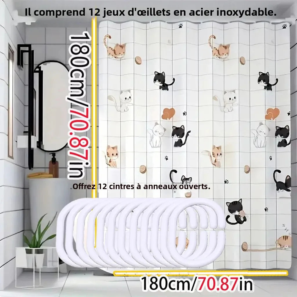rideau douche moderne chatons mignons motif enfantin blanc noir orange opaques anneaux inoxydables