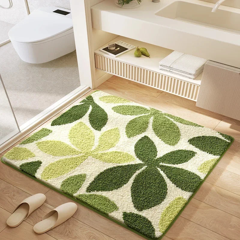tapis bain microfibre carré motif fleurs moderne doux absorbant salle bain vert blanc