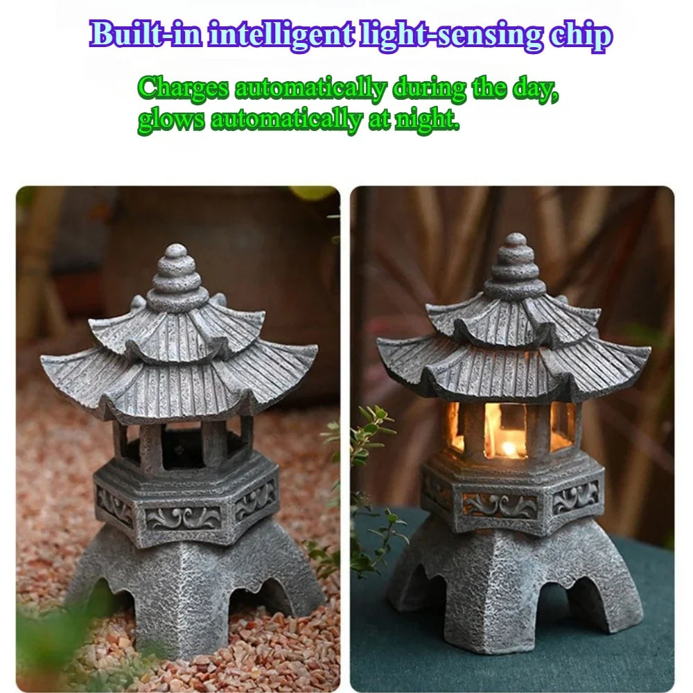 lanternes solaires décoratives japonais traditionnel gris foncé lumiere orangée aspect pierreux zen retro