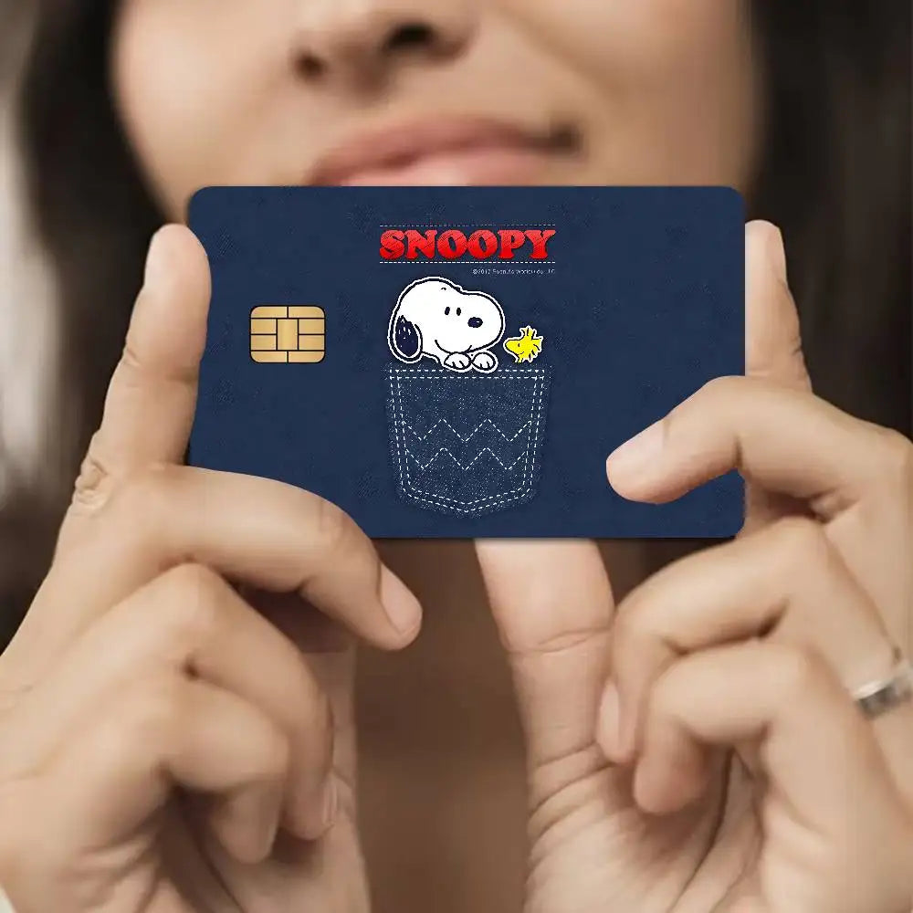 autocollant carte credit snoopy happy holidays bleu marine moderne