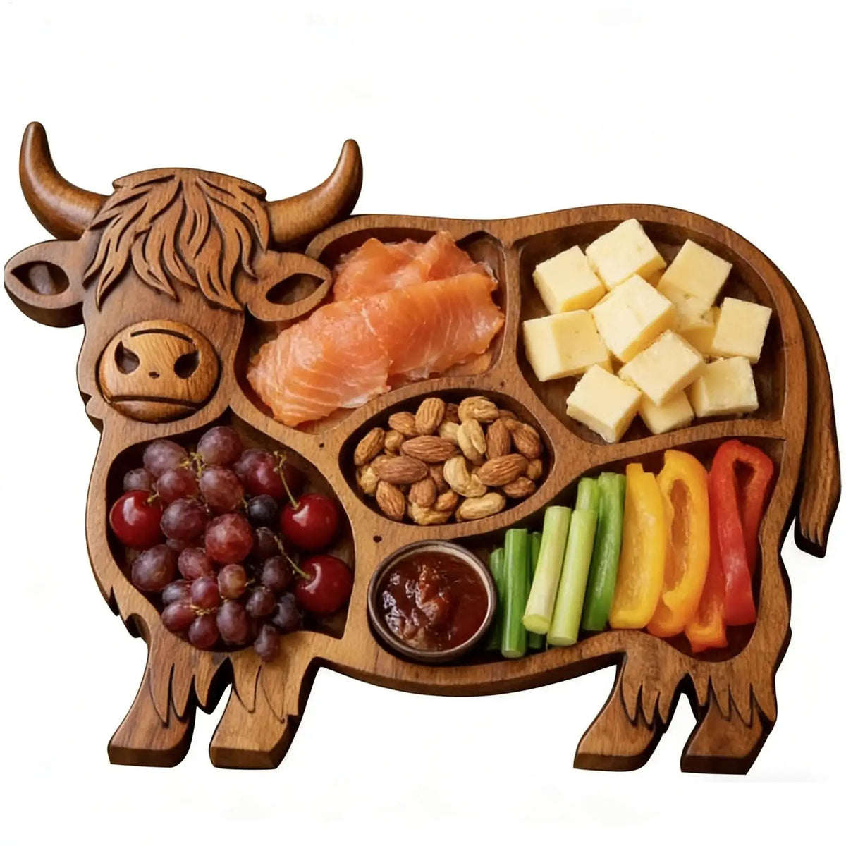 plateau charcuterie bois naturel taureau traditionnel fromage viande fruits légumes sauces