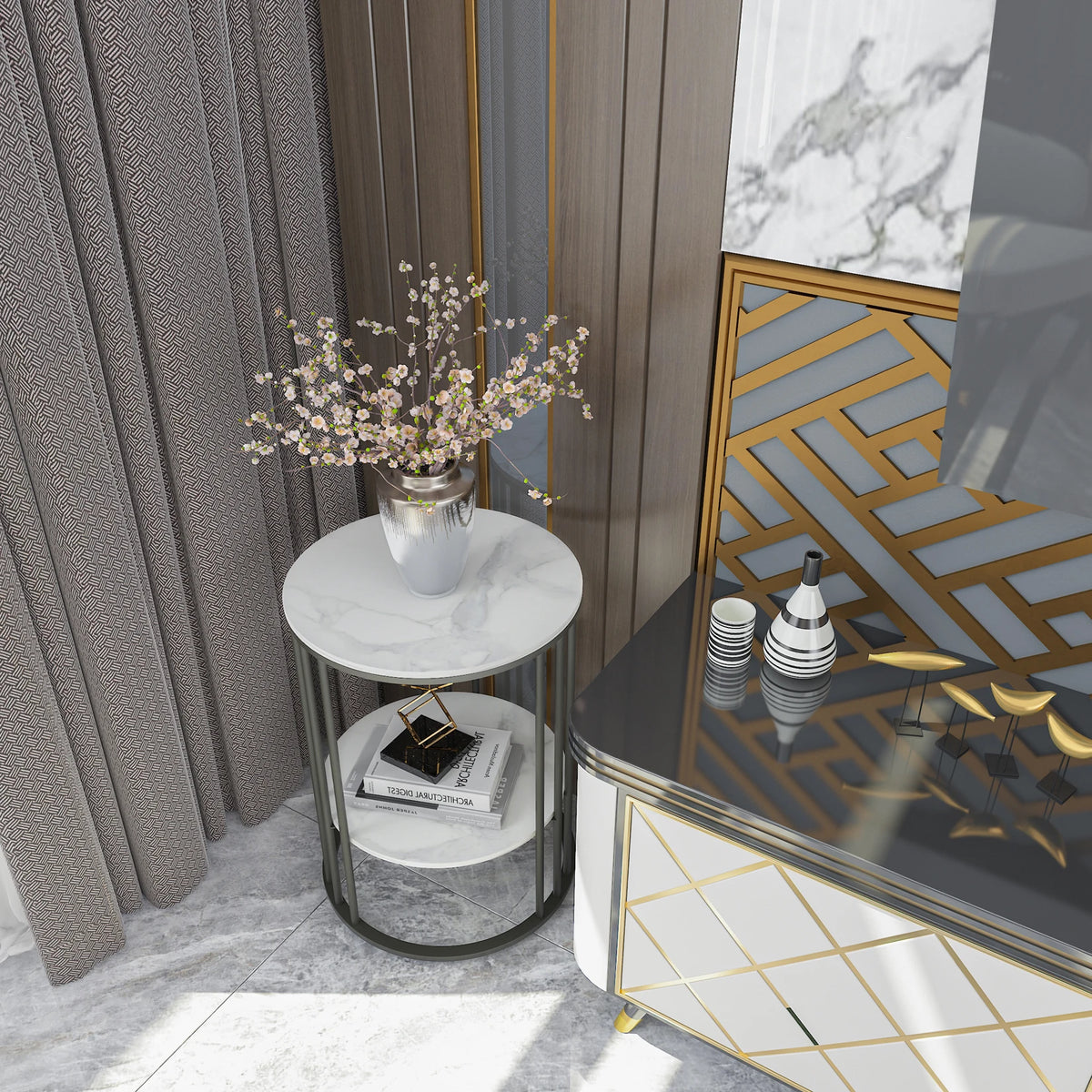 table d'appoint moderne marbre or blanc métal minimaliste vase livre plante