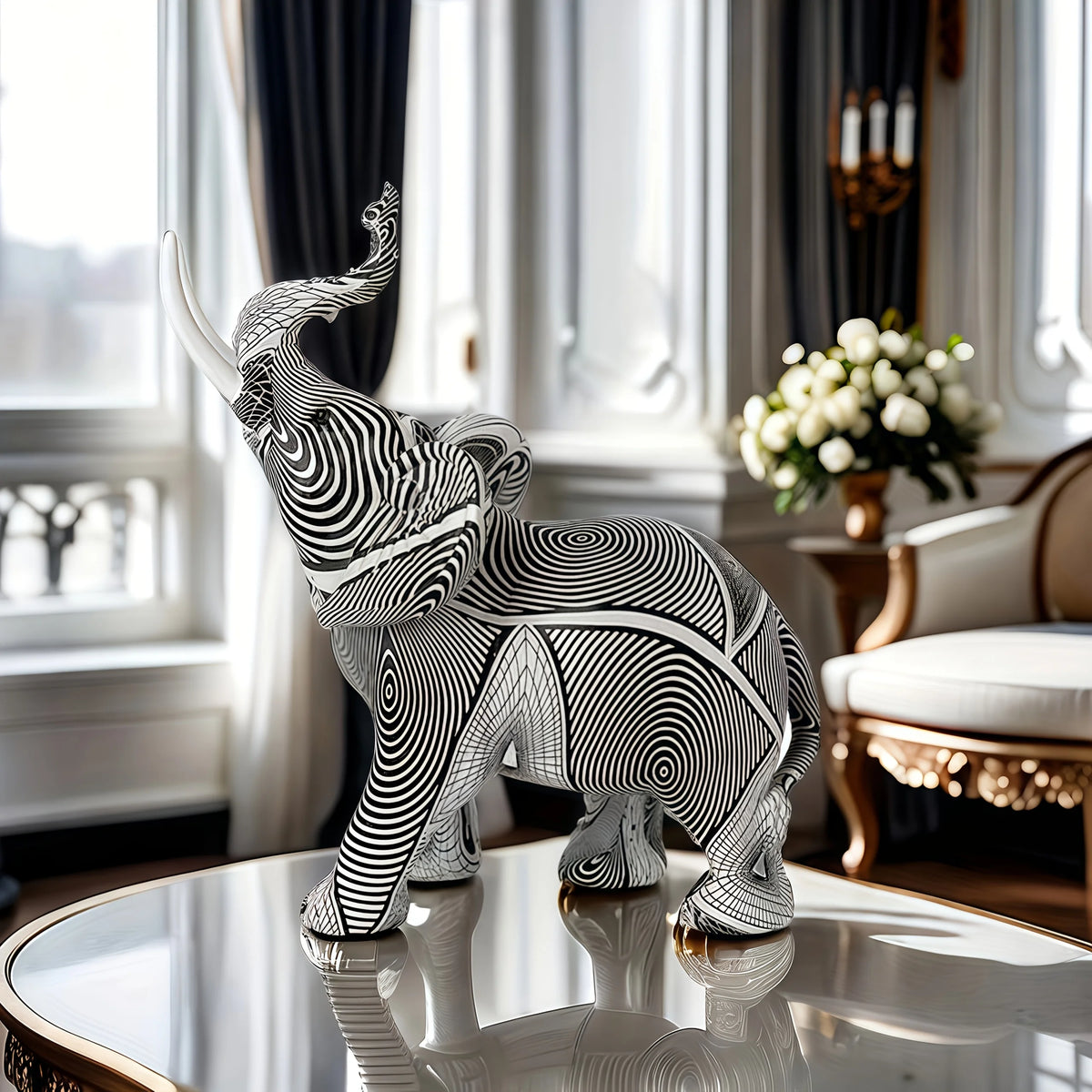 statue éléphant résine rayée noir blanc artisanale décoration moderne maison salon
