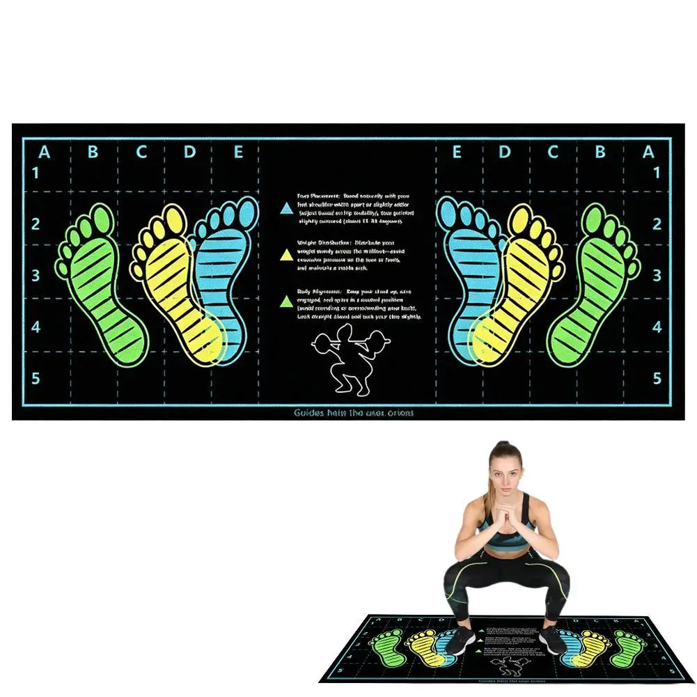 tapis entraînement musculation noir vert jaune bleu pieds coordonnées instructions anglaises 80x35cm