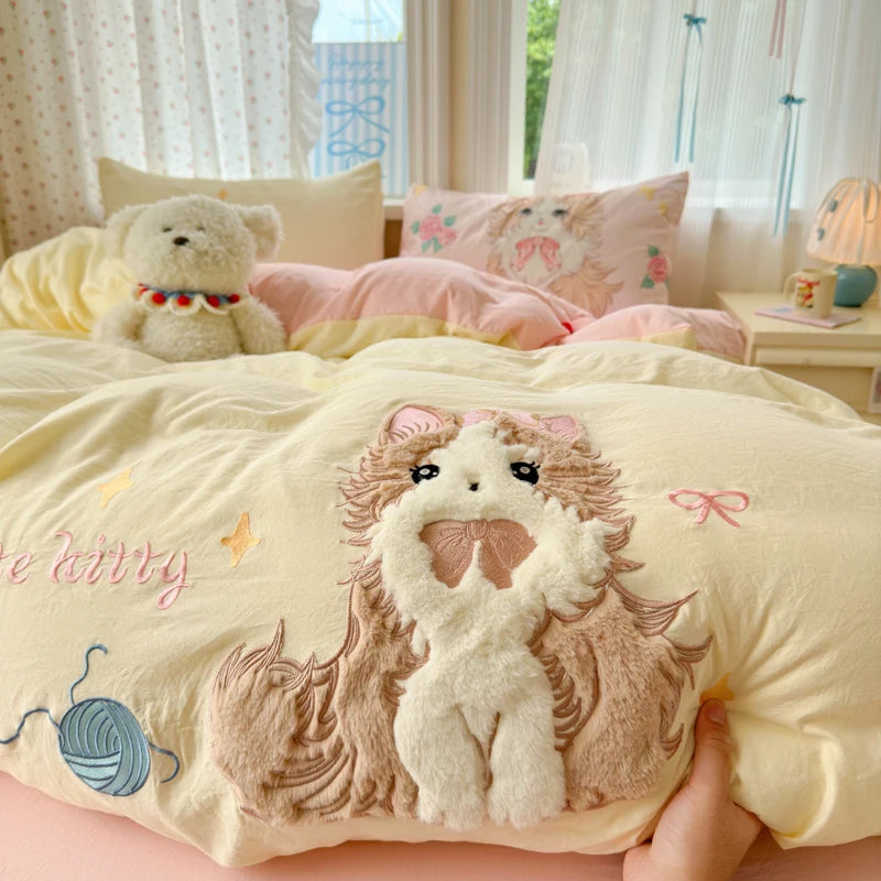 parure lit enfant fille rose chat mignon housse couette drap taies oreiller coton