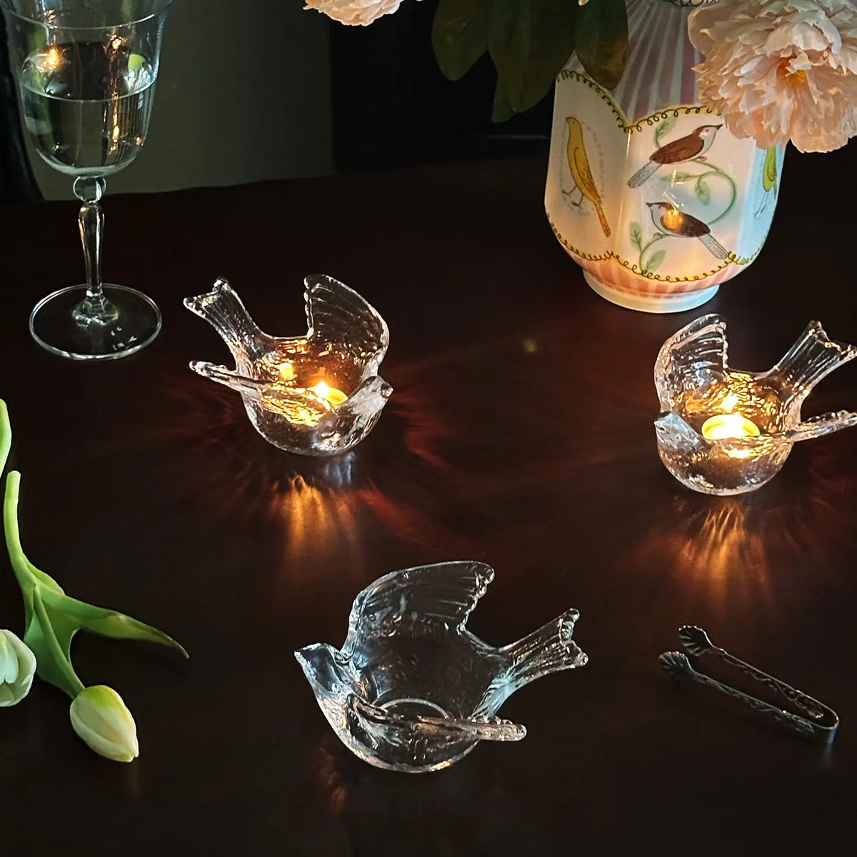 bougeoir oiseau transparent verre tulipe pivoine vase floral motif oiseaux deco intérieure ambiance tamisée