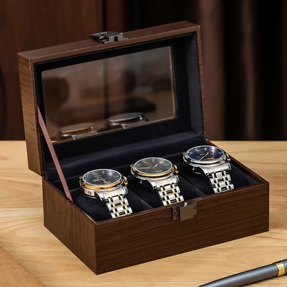 boîte montres bois foncé classique verre transparent tissu noir cadenas 12 slots watches jewelry