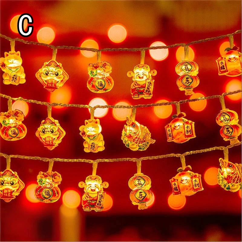 guirlande lumineuse chinoise festive lions poissons lanternes caractères rouges orange doré