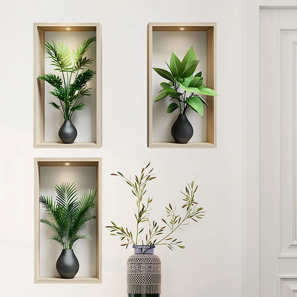autocollants muraux modernes plantes vertes deco maison stickers muraux minimalistes feuillets vases noirs