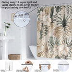rideau douche tropical feuilles vertes fleurs blanches opacité moderne 12 anneaux métalliques polyester dimension