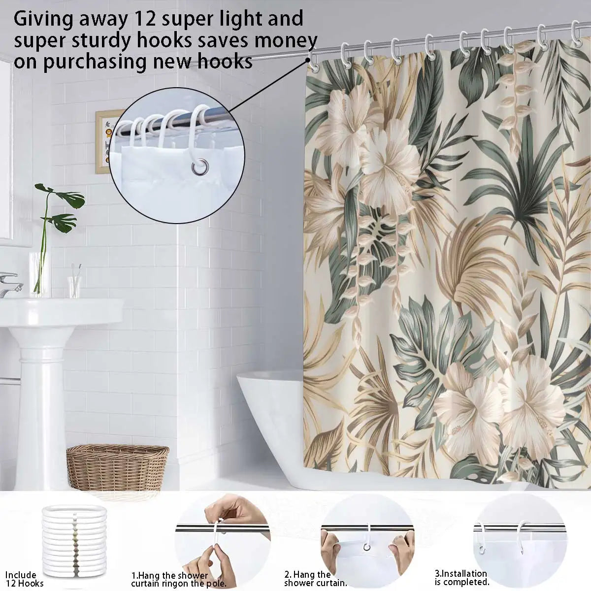 rideau douche tropical feuilles vertes fleurs blanches opacité moderne 12 anneaux métalliques polyester dimension