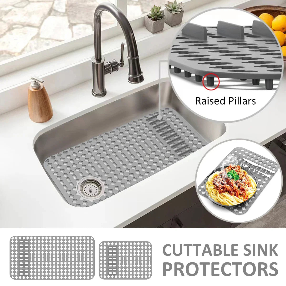 tapis silicone gris perforations hexagonales moderne utilitaire vaisselle drainante assainissement séchage fond évier