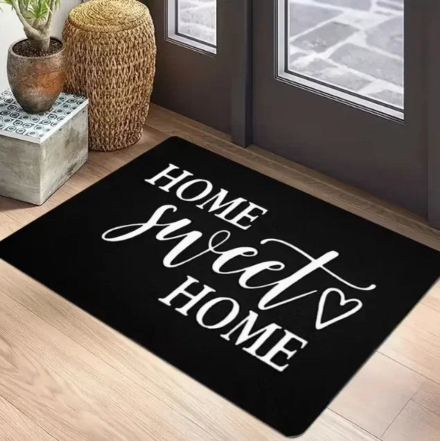 tapis d'entrée moderne lettres blanches noir cœur texte 50x75cm 60x90cm 80x120cm