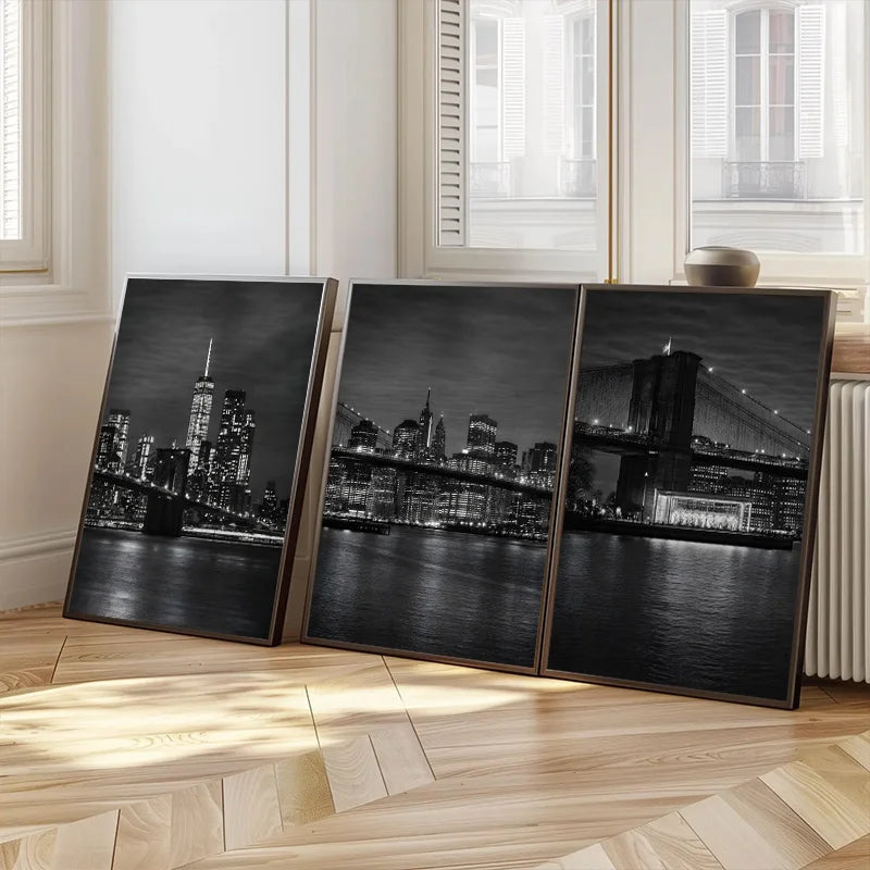décoration murale triptyque art contemporain noir blanc paysage urbain nocturne york chambre salon