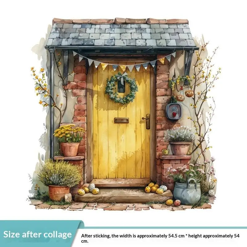 autocollant mural vintage paysage fenêtre volets bleus plantes vertes guirlande fleurs chat niche naturel