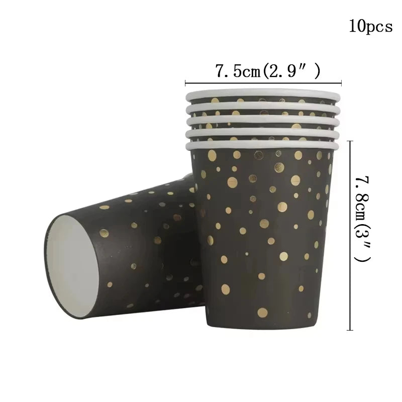assiettes pois dorés noires gobelets serviettes tablecloth fête anniversaire mariage nouveauannée