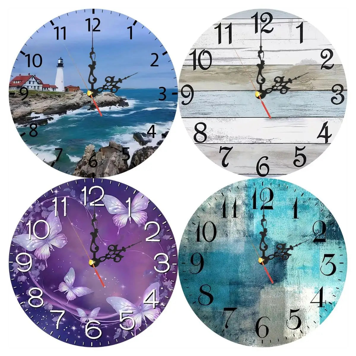 horloge murale aiguille quartz scénique paysage marin bois moderne 25cm bleu violet