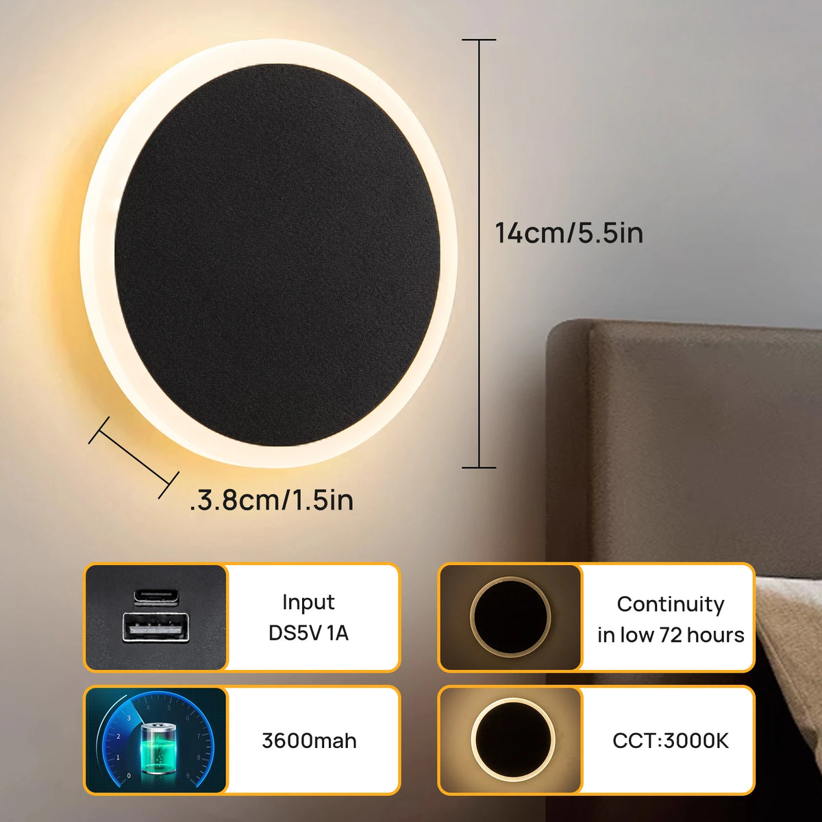 lampe murale led moderne noir blanc rechargeable adhésive câble usb charge rapide chambre cuisine