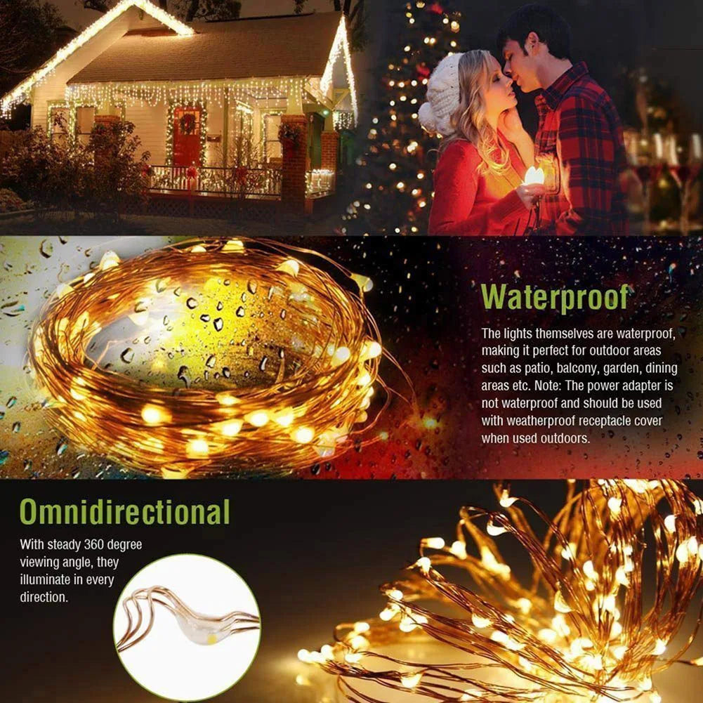 guirlande lumineuse solaire fil cuivre led dorée moderne décoration extérieure festive noël écologique