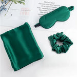 ensemble taie d'oreiller masque sommeil scrunchie soie naturelle vert foncé satiné élégant moderne
