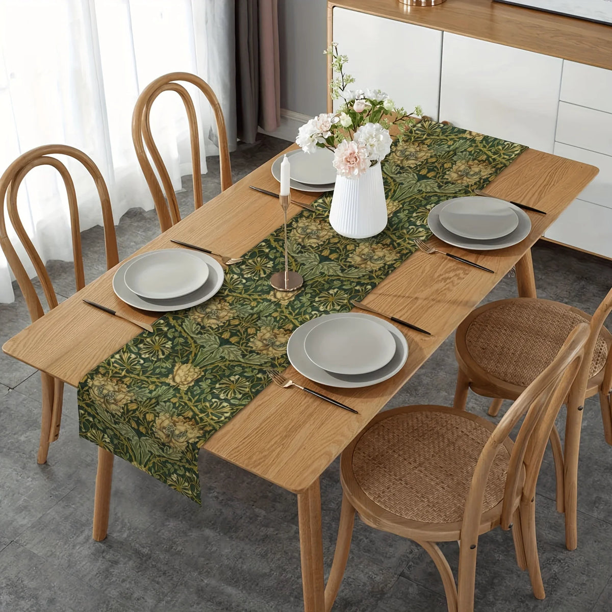 nappe lin motif floral william morris vert foncé beige arts crafts décoration table festive