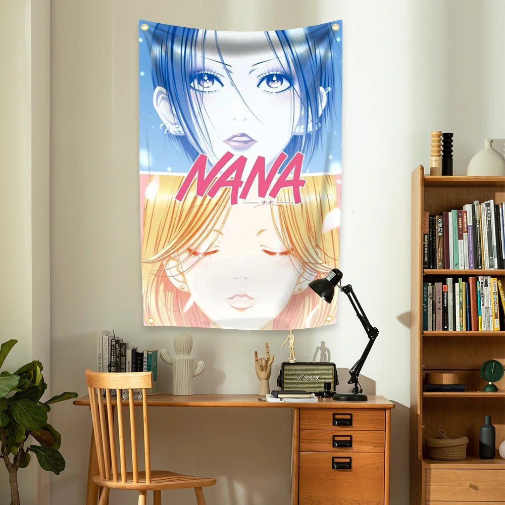 tapisserie anime personnages noir blanc rose bleu gris illustration clip accrochée chambre intérieure extérieure