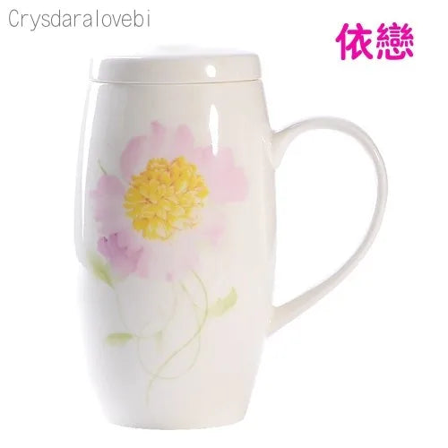 tasses thé céramique fleurs classiques poignées couvercle blanc rose vert