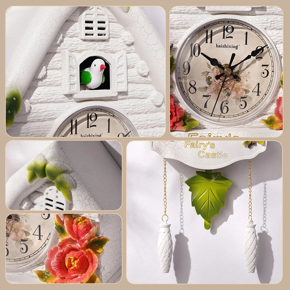 horloge murale vintage européen aiguille bois fleurs peintes blanc vert rouge salon chambre enfant