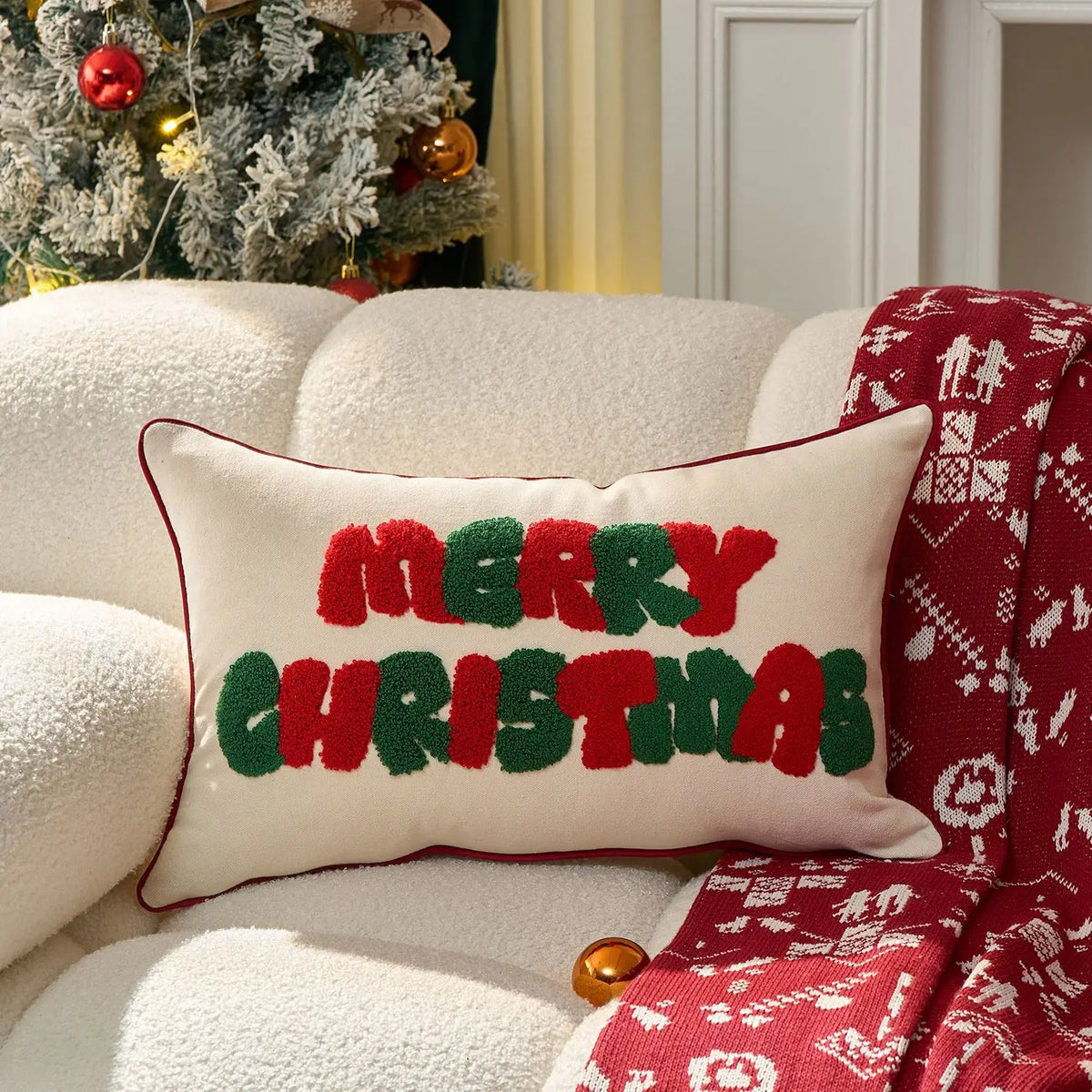 housse coussin noël brodée ho ho ho merry christmas rouge vert polyester coton respectueux