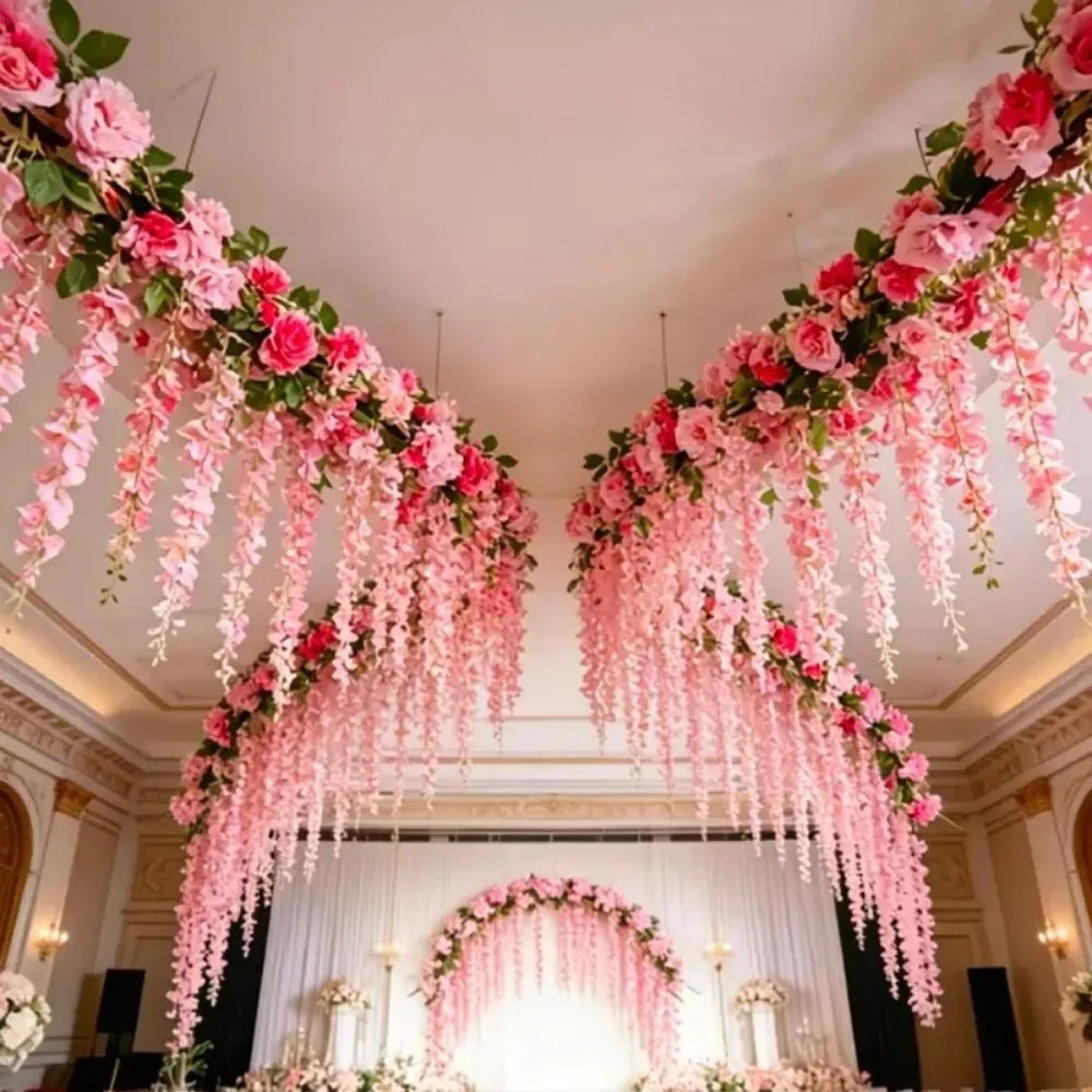 guirlande fleurs artificielles blanc rose feuilles vertes extérieur décoration romantique clips fixations