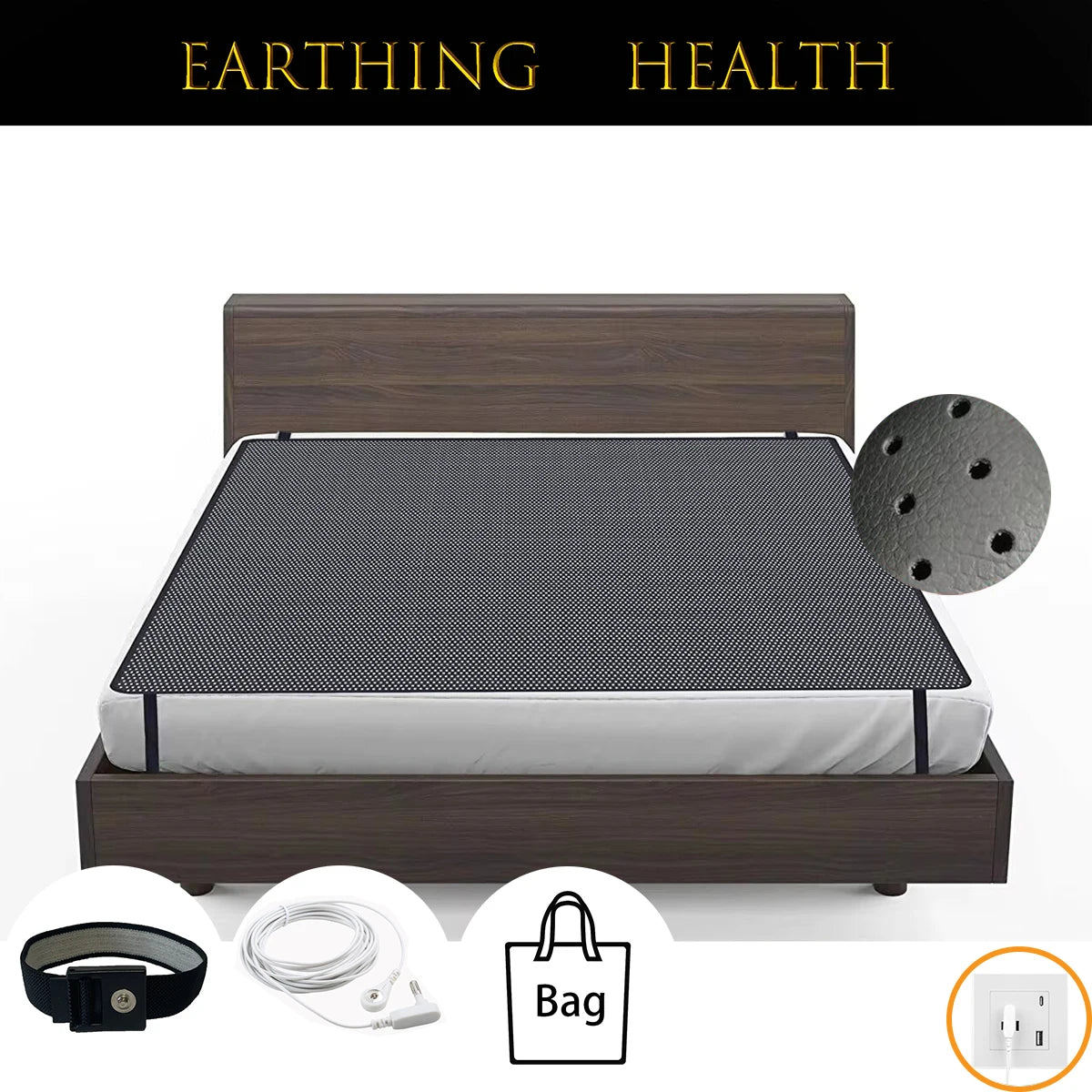 tapis sol terre noir grille perforations moderne clips cordon prise électrique santé sommeil