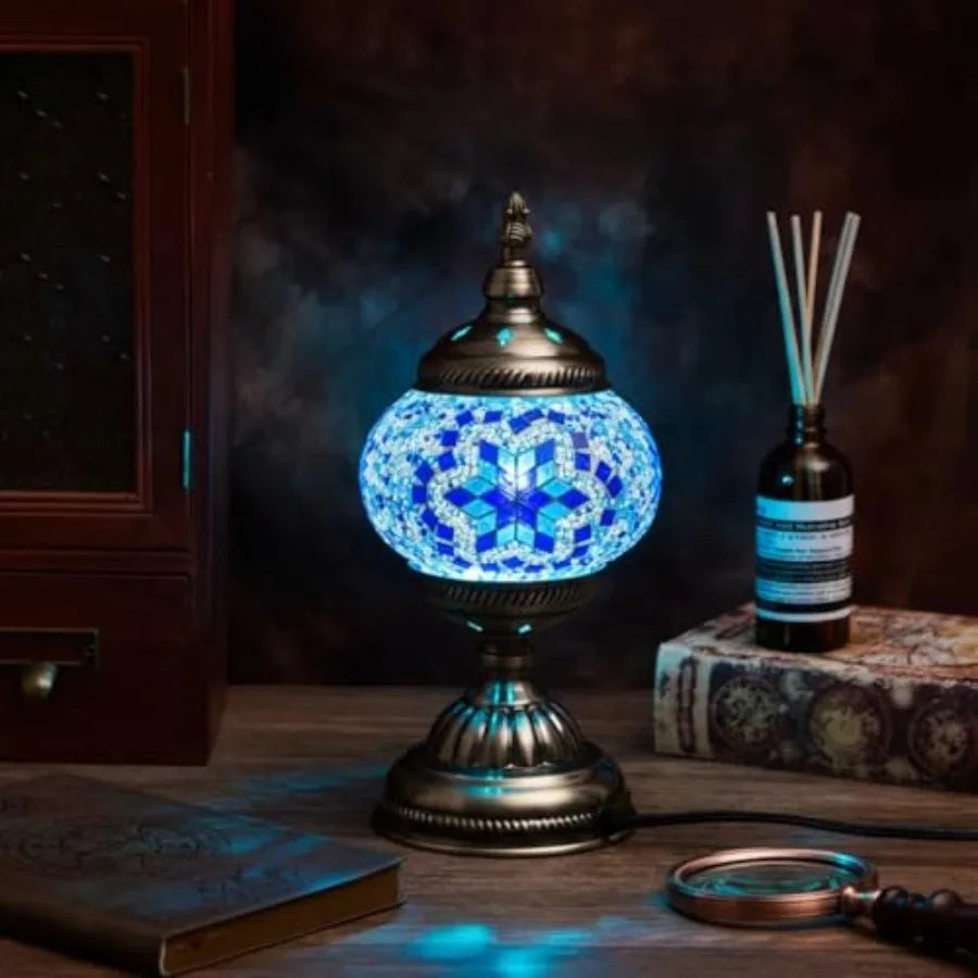 kit diy lampe turque mosaïque verre bleu blanc doré étoile losange transparent artisanal