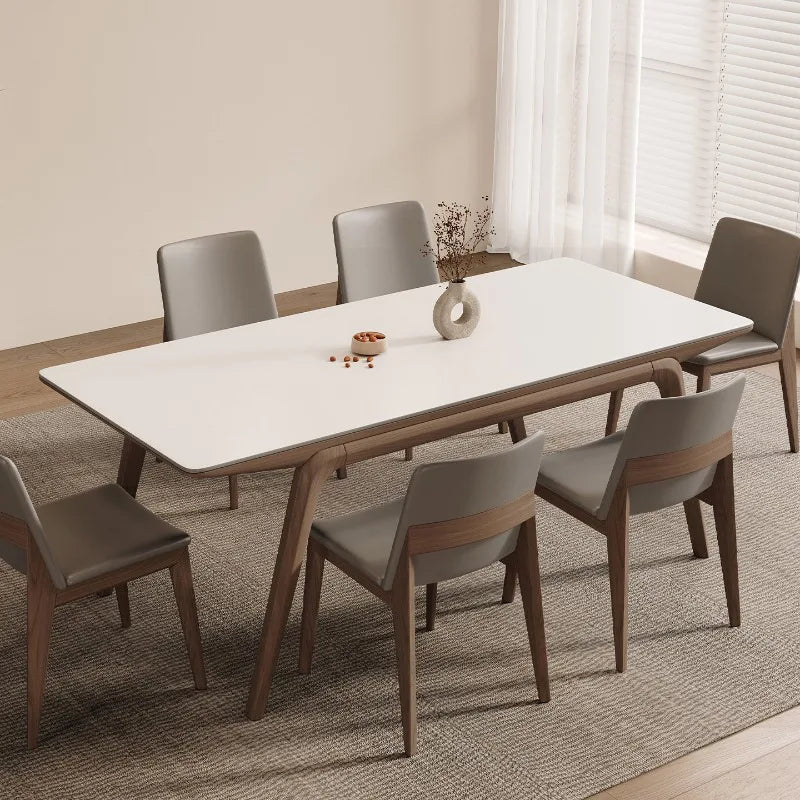 table manger moderne rectangle plateau blanc structure bois chaises gris decoration minimaliste blanc bois