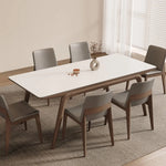 table manger moderne rectangle plateau blanc structure bois chaises gris decoration minimaliste blanc bois
