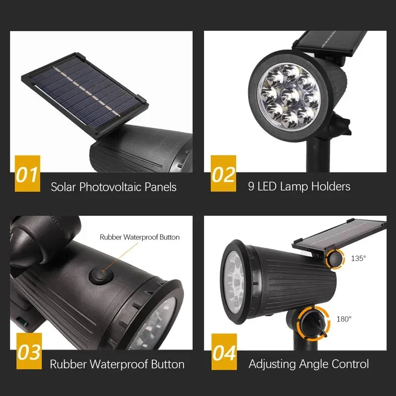 projecteur solaire led rgb waterproof ip65 moderne noir abs lumières ajustableextérieur