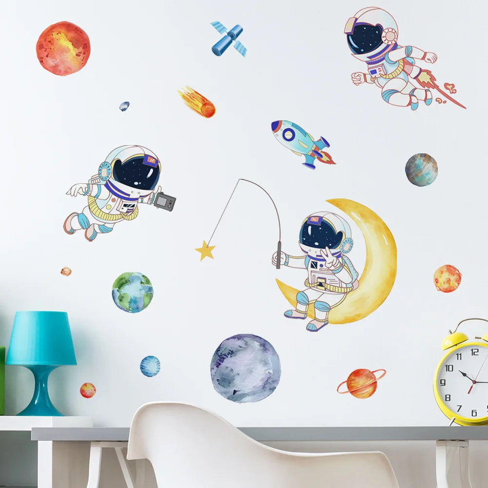 stickers muraux astronautes planètes fusées illustration colorée cartoon auto adhésif pvc multicolore résistant eau
