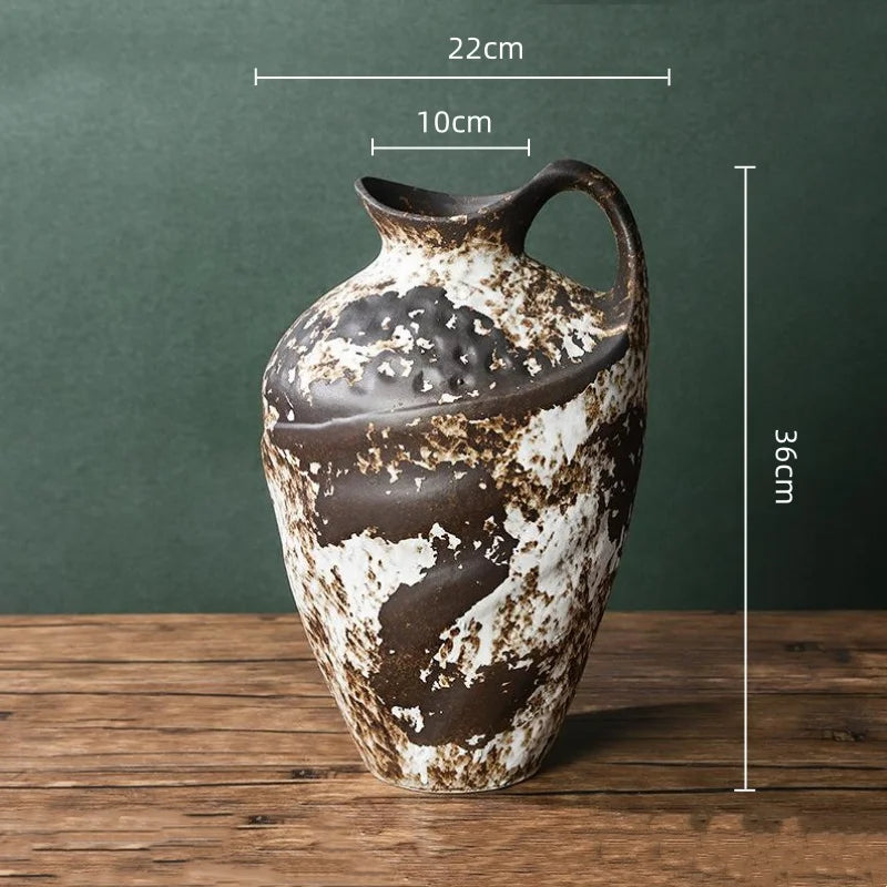 vase moderne rustique blanc marron vert marbré gratté opaques poignée décoration floral arrangement table