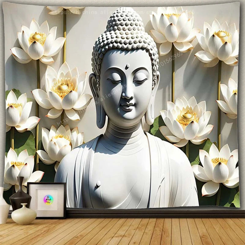 tapisserie decor rectangle blanc gris bouddha lotus classique opacité decoration murale accessoire chambre