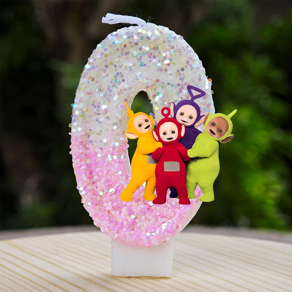 bougies décoratives teletubbies anniversaire enfant blanc rose pailletées brillantes multicolores personnages