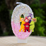 bougies décoratives teletubbies anniversaire enfant blanc rose pailletées brillantes multicolores personnages
