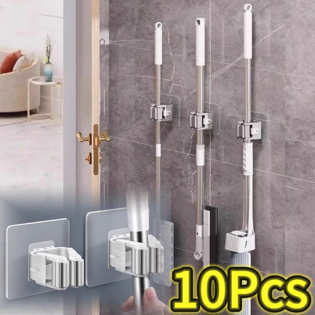 porte balai adhésif transparent blanc gris moderne support mops clips rangement cuisine salle bains