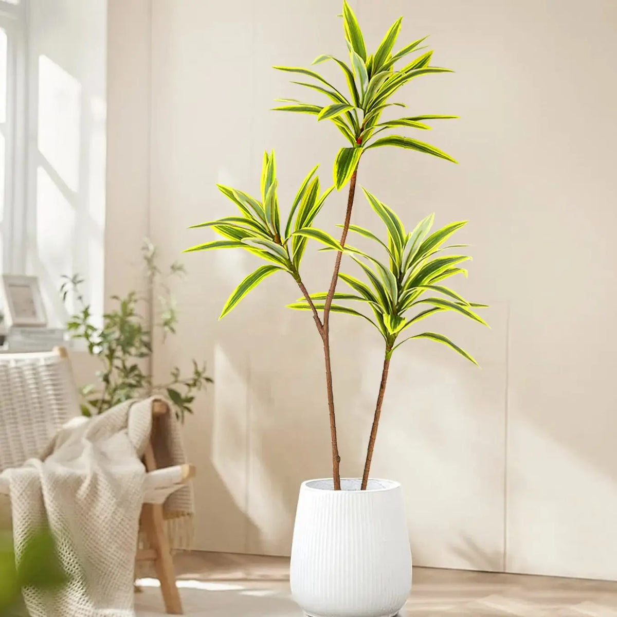 plantes artificielles arbres vertes feuilles modernes decoration exterieur pot blanc sol brunes