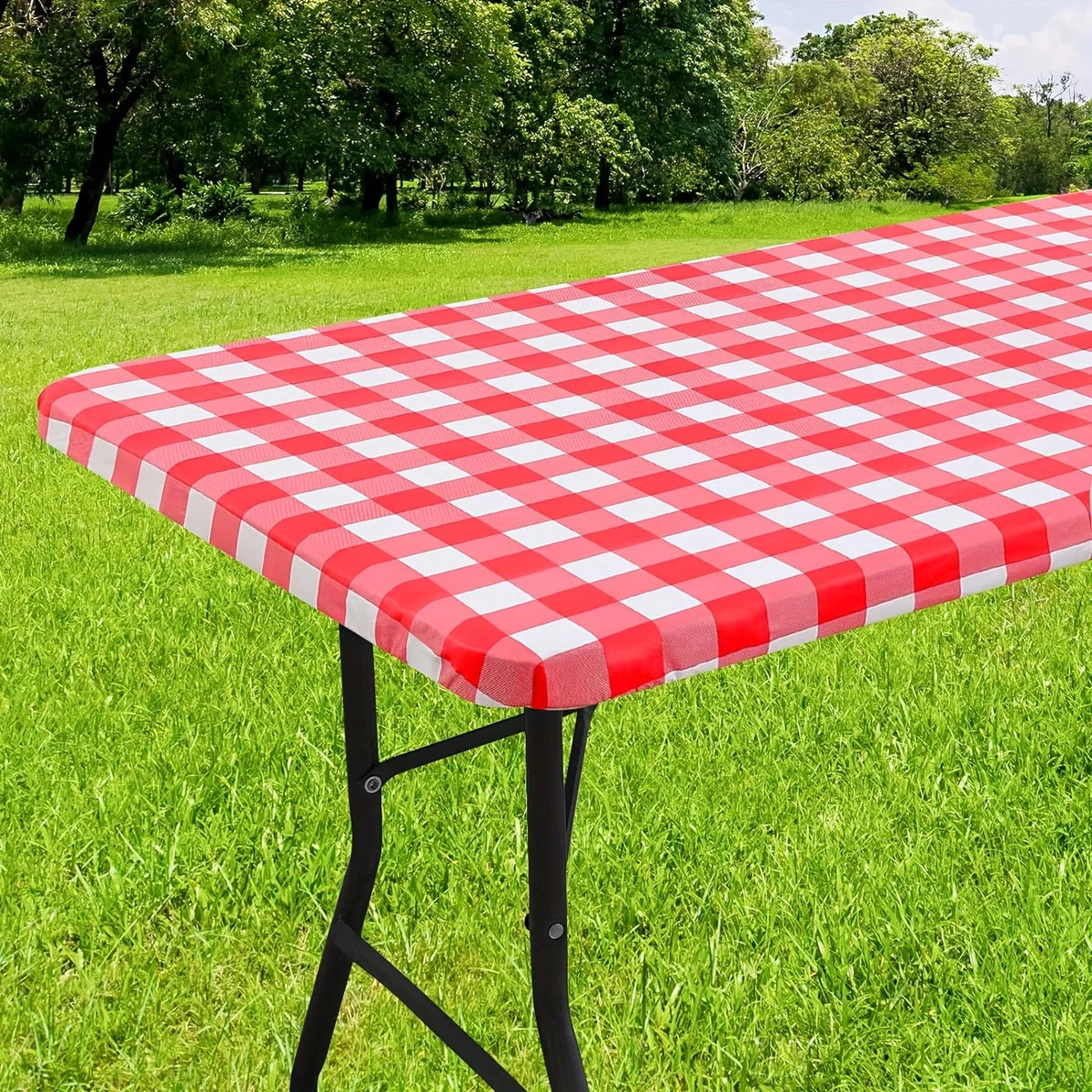 nappe table imperméable vert blanc carreaux moderne clips fixation camping usage extérieur
