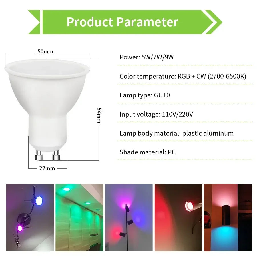 ampoule led wifi 5w 7w 9w gu10 projecteur blanc moderne télécommande application mobile