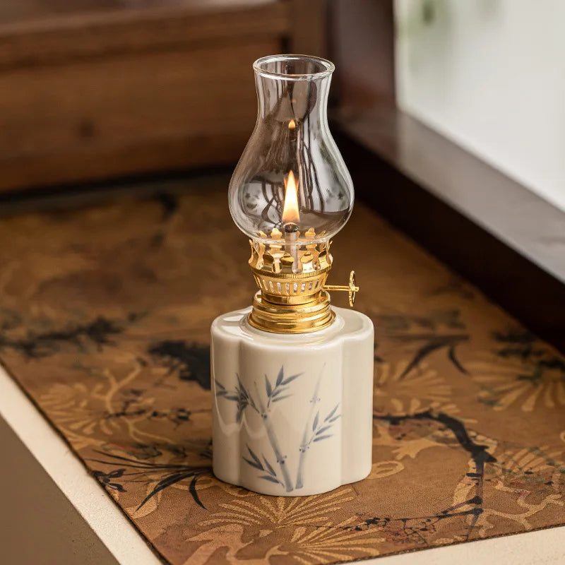 lampe huile vintage céramique transparente fleurs bambou blanc bleu doré artisanal